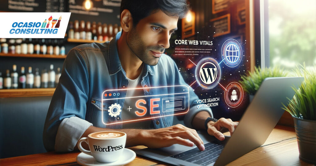 Photo of A Hispanic male small business owner in a coffee shop, working on his laptop. On his screen, there are graphics Future of SEO for Small Businesses.png