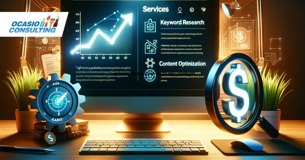 Ultra-realistic illustration of a digital desk workspace illuminated by a computer screen displaying a website with the title 'Affordable SEO Services