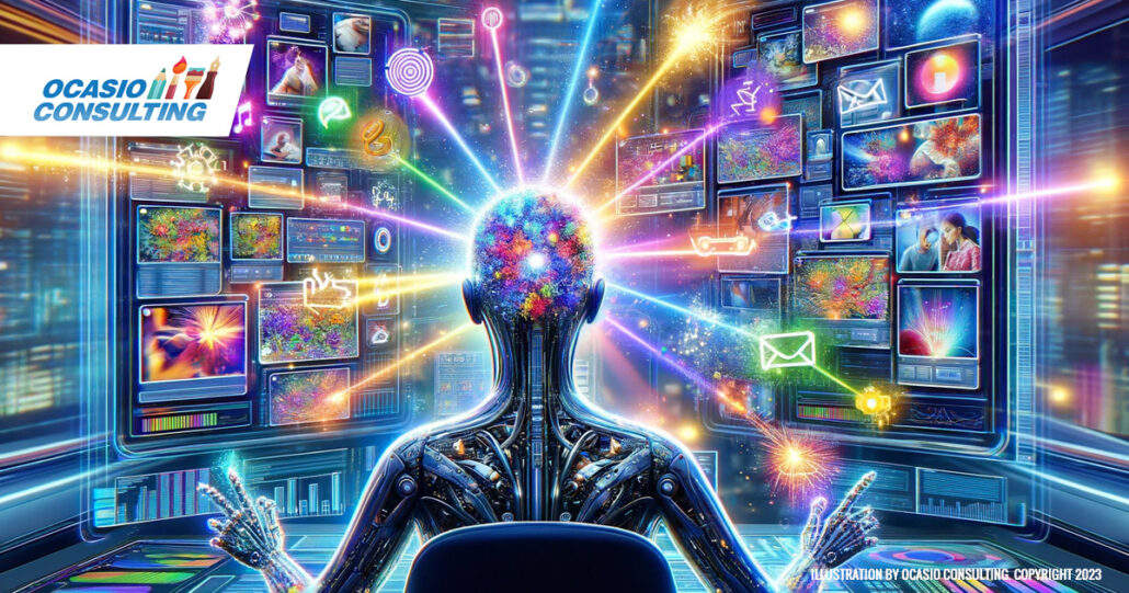 A vibrant wide digital art piece illustrating the theme 'Running Social Media Ads with ChatGPT'. Image created by Ocasio Consulting 2023