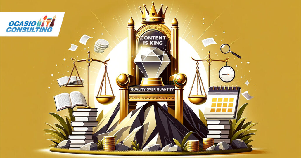  Illustration of content is king. A majestic golden throne stands atop a mountain of web pages, symbolizing its dominant role in On-Page SEO