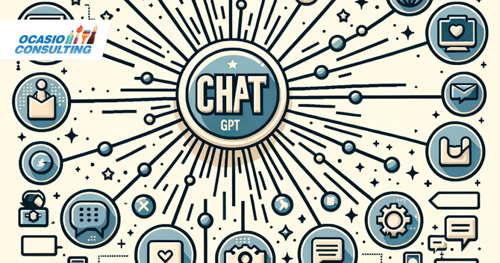 infographic image where the ChatGPT logo is at the center and rays extend outwards connecting to different social media platform icons