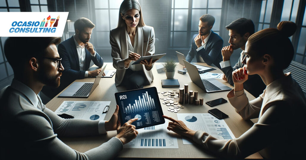 Photo in a realistic setting of a modern corporate office where a team of professionals are deeply engaged in a budgeting session about investin in online presence