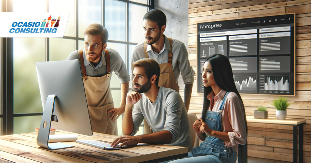 Photo of a WordPress web designer and three small business owners of different genders and ethnicities engaging in professional web design at a spacious casual office