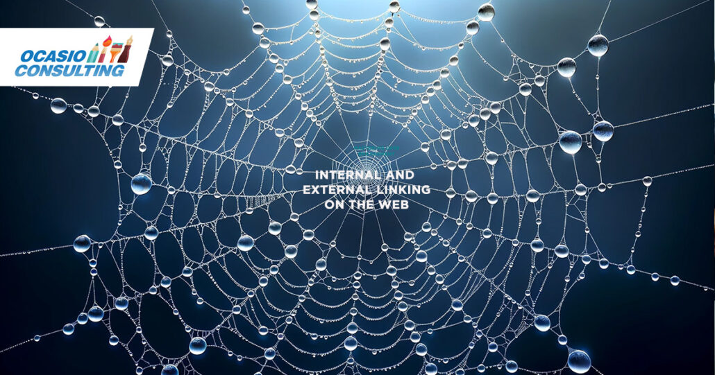 Photo of an intricately designed spider web representing Internal and External Linking, shimmering with dew. Close to the center, smaller threads connect different parts of the world wide web