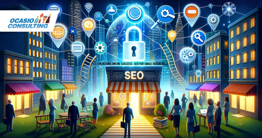 Visual depiction of a digital metropolis with floating SEO icons like magnifying glasses, webpage icons, and ranking ladders. Unlocking Online Success - SEO for Small Businessesr Small Businesses