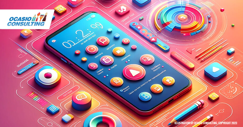 A featured image that encapsulates 'The Role of Mobile User Interface Design in App Success'. Image created by Ocasio Consulting-Copyright 2023.