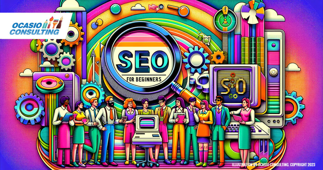 A vibrant featured image, retro-style featured image, representing the concept of SEO for beginners. The scene was created by Ocasio Consulting. Copyright 2023
