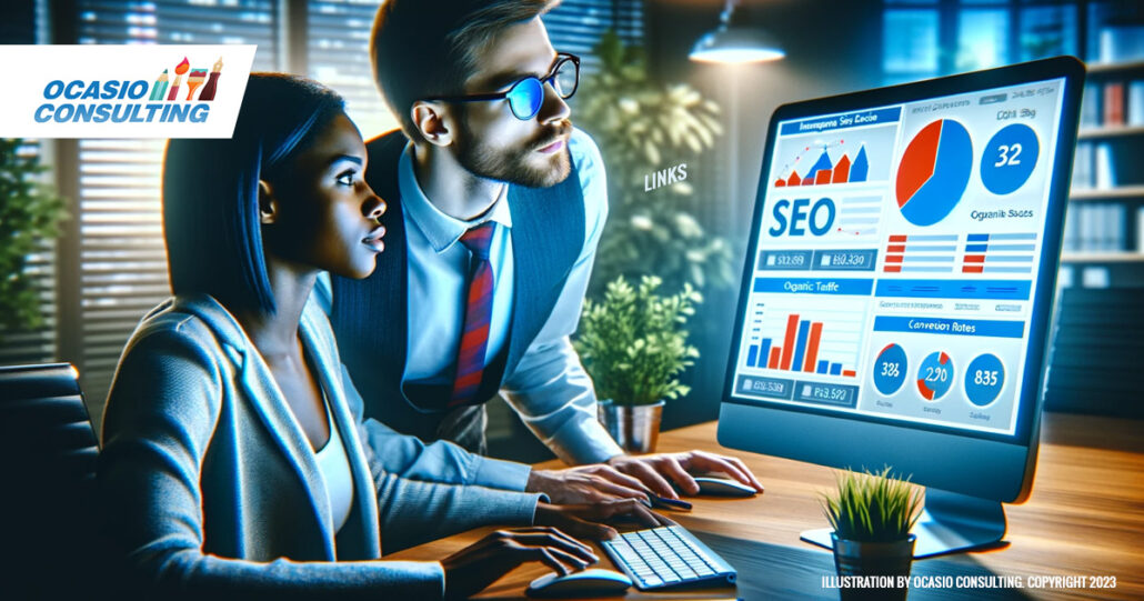 An image depicting two content creators of different descents and genders, measuring SEO success on a computer screen. Image is copyright Ocasio Consulting llc