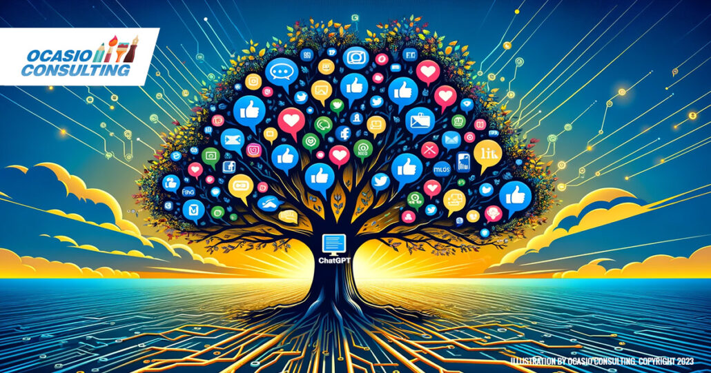 Illustration Creative Ways to Promote Your Business on Social Media Using ChatGPT. A digital art graphic depicting a tree with branches spreading outwards, each branch representing a different social media platform with iconic logos to represent the creative ways ChatGPT can assist with.
