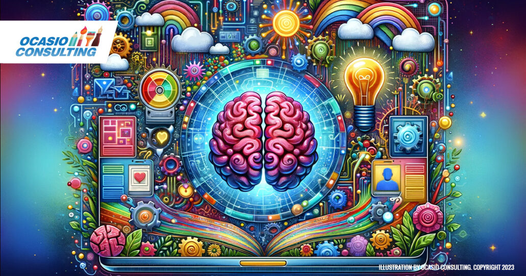 Illustration of a vibrant and engaging digital artwork that captures the essence of AI and Machine Learning within the realm of web design. Graphic by Ocasio Consulting. Copyright 2023