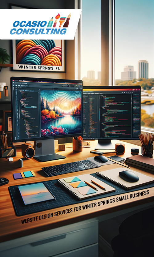 A photograph of a web designer's workspace, featuring a dual-monitor setup with one screen displaying an attractive, colorful website design for Winter Springs FL.