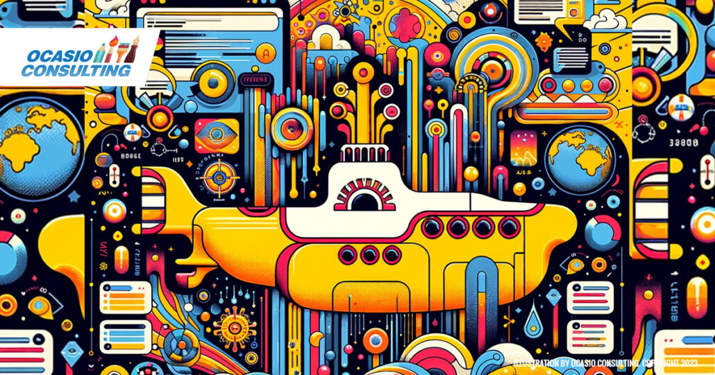 image uniquely blends the artistic style reminiscent of the Yellow Submarine album cover with explicit web design elements, effectively representing the theme of "Advanced Optimization and Future Trends in Web Design. Image created by Ocasio Consulting. Copyright 2023.